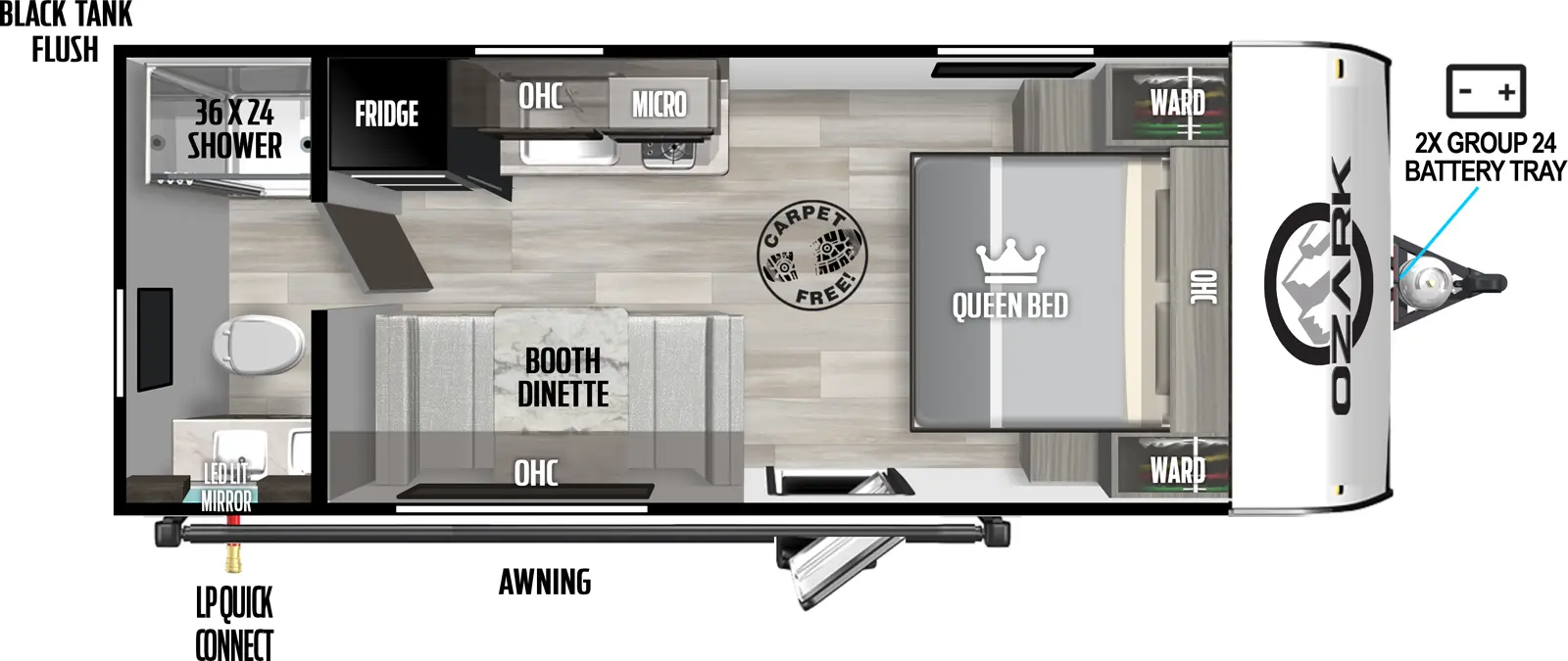 The 1660FQ has no slideouts and one entry. Exterior features front 2x group 24 battery tray, awning, LP quick connect, and black tank flush. Interior layout front to back: foot-facing queen bed with overhead cabinet and wardrobes on each side; off-door side kitchen counter with sink, microwave, cooktop, overhead cabinets, and refrigerator; door side entry, and booth dinette with overhead cabinets; rear full bathroom with LED lit mirror. Carpet Free Interior.